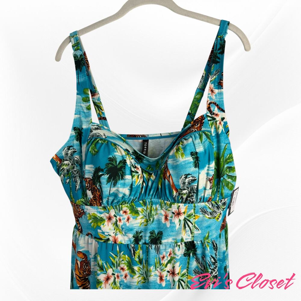 torrid Teal Tropical Print Skirted Swimdress - Picture 2 of 10
